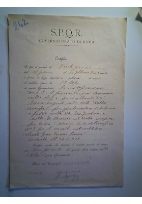 S.P.Q.R. GOVERNATORATO DI ROMA CERTIFICATO 16 Febbraio 1930 Anno VIII