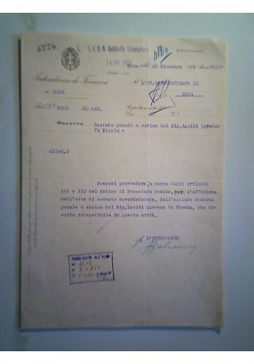 INTENDENZA DI FINANZA DI ROMA DECRETO PENALE 20 Dicembre 1929 Anno VIII