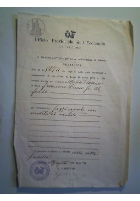 Uffiicio Provincialre dell'Economia SALERNO Certificato 29 Agosto 1929 Anno VIII
