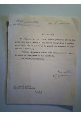 IL SOTTOSEGRETARIO DI STATO PER L'INDUSTRIA E IL COMMERCIO Roma 8 Agosto 1921