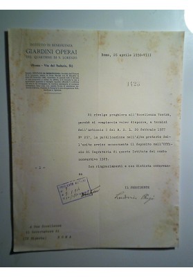ISTITUTO DI BENEFICENZA GIARDINI OPERAI DEL QUARTIERE S. LORENZO Roma 26 Aprile 1930 - VIII