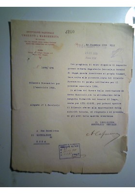 ISTITUTO NAZIONALE UMBERTO E MARGHERITA DI SAVOIA PER GLI ORFANI DEGLI OPERAI ITALIANI Roma 20 Dicembre 1929 - VIII