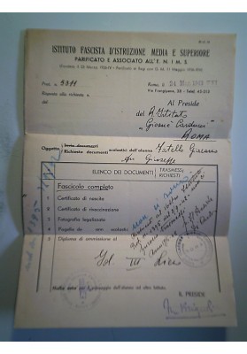 Piego "ISTITUTO FASCISTA D'ISTRUZIONE MEDIA E SUPERIORE" 1943