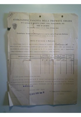 Piego "ASSOCIAZIONE FASCISTA DELLA PROPRIETA' EDILIZIA  - SEDE DI LIVORNO" 1930