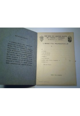 CASSE MUTUE PER ASS. MALATTIA INDUSTRIA E ARTIGIANATO PROV. VERCELLI  LIBRETTO PERSONALE
