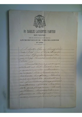 Documento NOMINA PARROCO DALL'ARCIVESCOVO CARLO LORENZO PAMPIRIO VERCELLI 1900