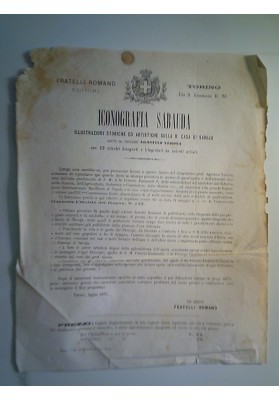 FRATELLI ROMANO - TORINO ICONOGRAFIA SABAUDA DEL PROFESSORE AGOSTINO VERONA Luglio 1871