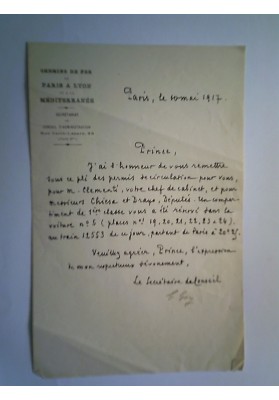 CHEMINS DE FER DE PARIS A LYON SECRETARIAT DE CONSEIL D'AMINISTRATION Paris 1917