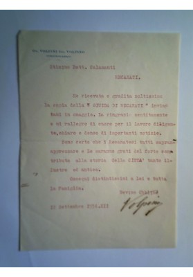 Lettera Ringraziamento per "Guida di Recanati" On. Volpino Portorecanati  12 Settembre 1934