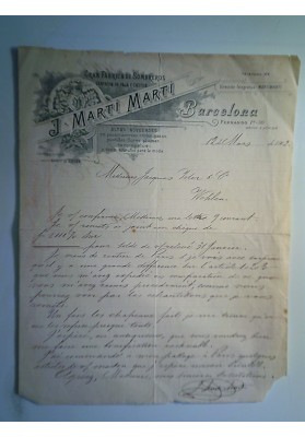 Lettera "Gran Fabrica de Sombreros J. MARTI' MARTI' Barcelona 12 Mars de 1902"