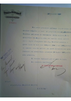 Lettera "CASSA DI RISPARMIO DI BOLOGNA 25 Ottobre 1907"