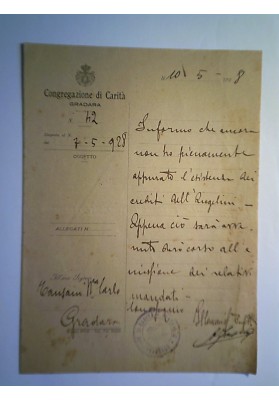 Lettera "CONGREGAZIONE DI CARITA' DI GRADARA 10 Maggio 1928"