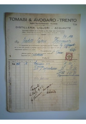 TOMASI & AVOGARO - TRENTO DISTILLERIA LIQUORI - ACQUAVITE Trento 3 Luglio 1922