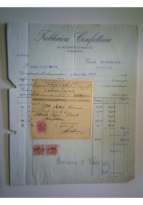 Fattura Fabbrica Confetture DI ALBERTO SAVOI TRENTO 22 Luglio 1927