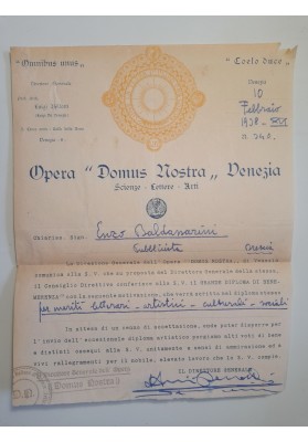 ettera e Attestato "Grande Diploma" dell'Opera "Domus Nostra" di Venezia