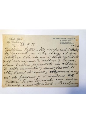 Cartolina Autografa Manoscritta: La Poetessa Adele Floris allo Scrittore Enzo Baldasserini - 1938