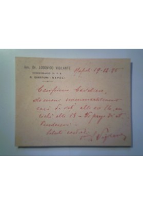 Raro Cartoncino Intestato R. Questura di Napoli - LODOVICO VIGILANTE 1925