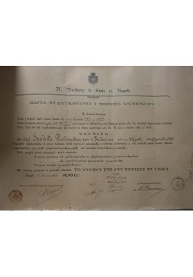 R. ARCHIVIO DI STATO NAPOLI SCUOLA D PALEOGRAFIA E ARCHIVISTICA ATTESTATO" 1923