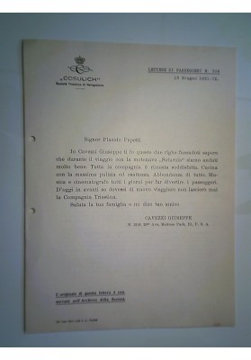 Lettera "CONSULICH Società Triestina di Navigazione Mn SATURNIA Lettere Passeggeri 1931"