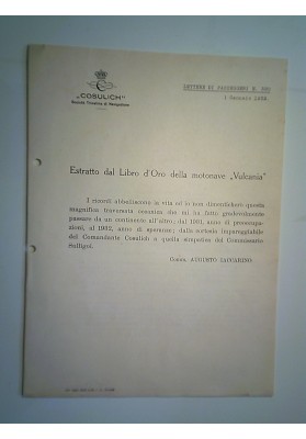 Lettera "ESTRATTO DAL LIBRO D'ORO DELLA MOTONAVE VULCANIA 1 Gennaio 1932"