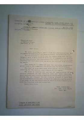 Lettera "CONSULICH Società Triestina di Navigazione  Ringraziamento Passeggeri 21 Maggio 1929"