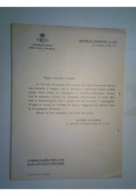 Lettera "CONSULICH   Ringraziamento Passeggeri  Viaggio M/n SATURNIA" 1931