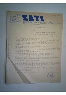Lettera "SATI SOCIETA' ANONIMA TRASPORTI INTERNAZIONALI Genova 2 Febbraio 1946""