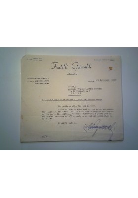 Lettera "FRATELLI GRIMALDI Armatori Piroscafo AURIGA Genova - Buenos Aires Genova, 25 Settembre 1950"