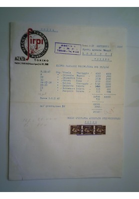 Lettera "VIAGGI TURISMO PUBBLICITA' AGENZIA SIRPI TORINO  17 Settembre 1946"