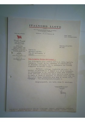 Lettera "ITALNORD LLYOD TORINO 15 Aprile 1950"