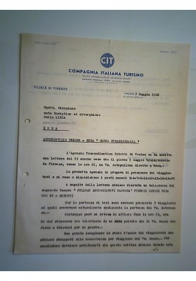 Lettera "C.I.T. COMPAGNIA ITALIANA DI TURISMO Ente Turismo Libia  - Firenze 7 Maggio 1946"