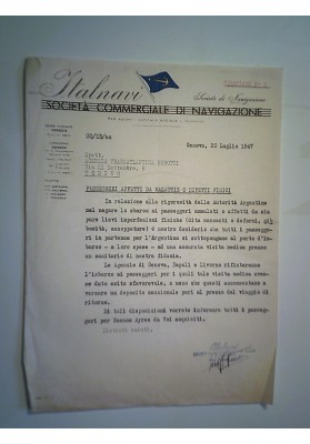 Lettera "ITALNAVI Societò Commerciale di Navigazione Genova, 20 Luglio 1947"