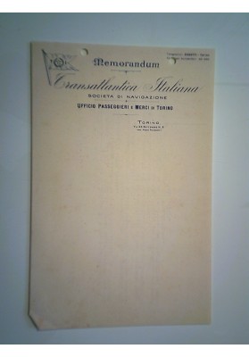 Lettera "Memorandum TRANSATLANTICA ITALIANA SOCIETA' DI NAVIGAZIONE Ufficio Passeggeri e Merci di Torino  12 Marzo 1946"
