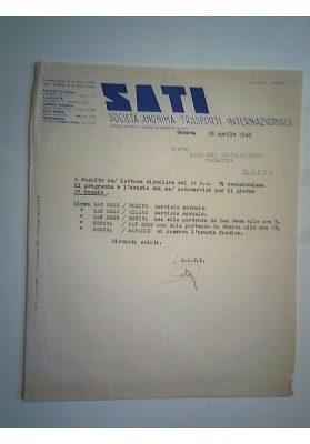 Lettera "SATI Soc. An. Trasporti Internazionali AUTOSERVIZI GENOVA - S. REMO 26 Aprile 1946"