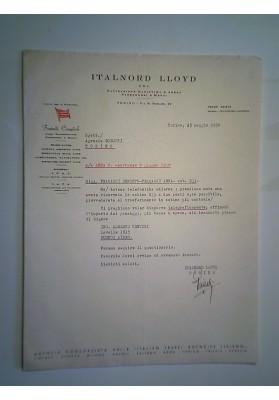 Lettera "ITALNORD LLYOD Torino PARTENZA S/S ANNA C.  5 Giugno 1949"