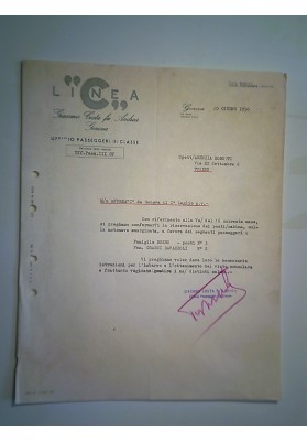 Lettera "LINEA C UFF. PASSEGGERI III CLASSE M/n ANDREA COSTA Genova 20/06/1950"