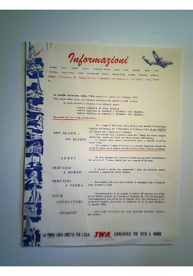 Documenti Pubblicitari "TWA LA PRIMA LINEA DIRETTA PER GLI U.S.A. INFORMAZIONI TARIFFE TURISTICHE 1 Maggio 1952"