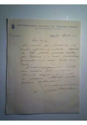 Lettera "Conf. Naz. Sindacati Fascisti, Ufficio Provinciale di Pisa  indirizzata all'On. Davide Fossa" 1929