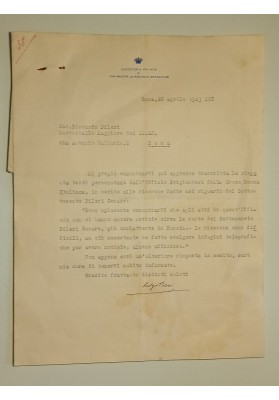 Lettera "SEGRETERIA PRIVATA DI SUA MAESTA' LA REGINA IMPERATRICE Roma 1943"