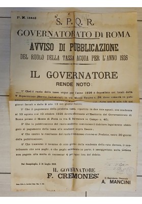 Manifesto Originale Governatorato Di Roma 1926 Tassa Acqua Cremonesi Mancini