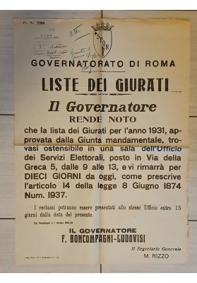 Manifesto Originale "Roma 1930 Liste Giurati Tribunale Boncompagni Ludovisi"