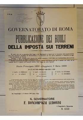 Manifesto Originale Roma 1930 Imposta Terreni Tasse Boncompagni Ludovisi
