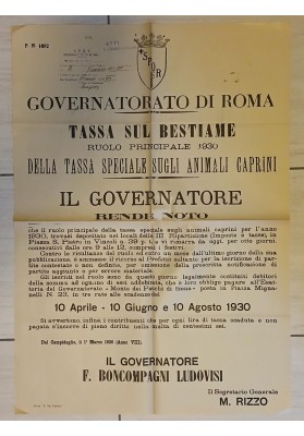 Manifesto Originale Roma 1930 Tassa Bestiame Caprini Boncompagni Ludovisi