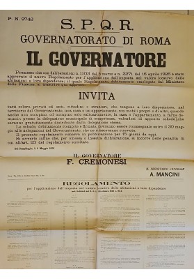 Manifesto Originale "Roma 1926 Valore Locativo Case Tasse Filippo Cremonesi"