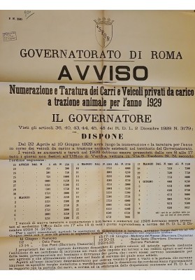 Manifesto Originale Roma 1929 Numerazione Carri Veicoli Trazione Animale