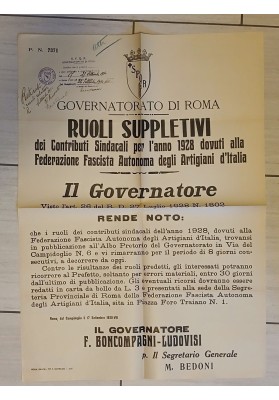 Manifesto Originale "Roma 1930 Sindacati Artigiani Tasse Boncompagni Ludovisi"