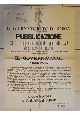 Manifesto Originale Roma 1930 Tassa Patente Ruolo Matricola Ludovisi
