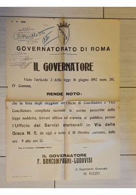 Manifesto Originale Roma 1930 Giudice Conciliatore Liste Elezioni Ludovisi