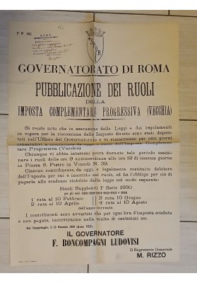 Manifesto Originale Roma 1930 Imposta Complementare Progressiva Ludovisi