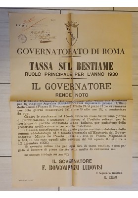 Manifesto Originale Roma 1930 Tassa Bestiame Stagione Agraria Ludovisi